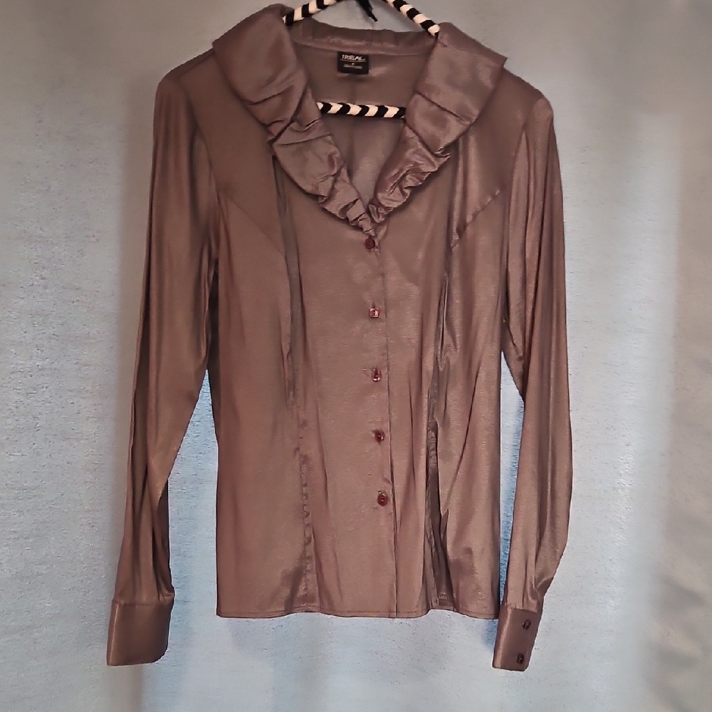 Tribal Shimmering Silver Blouse with‎ Ruffle Detail